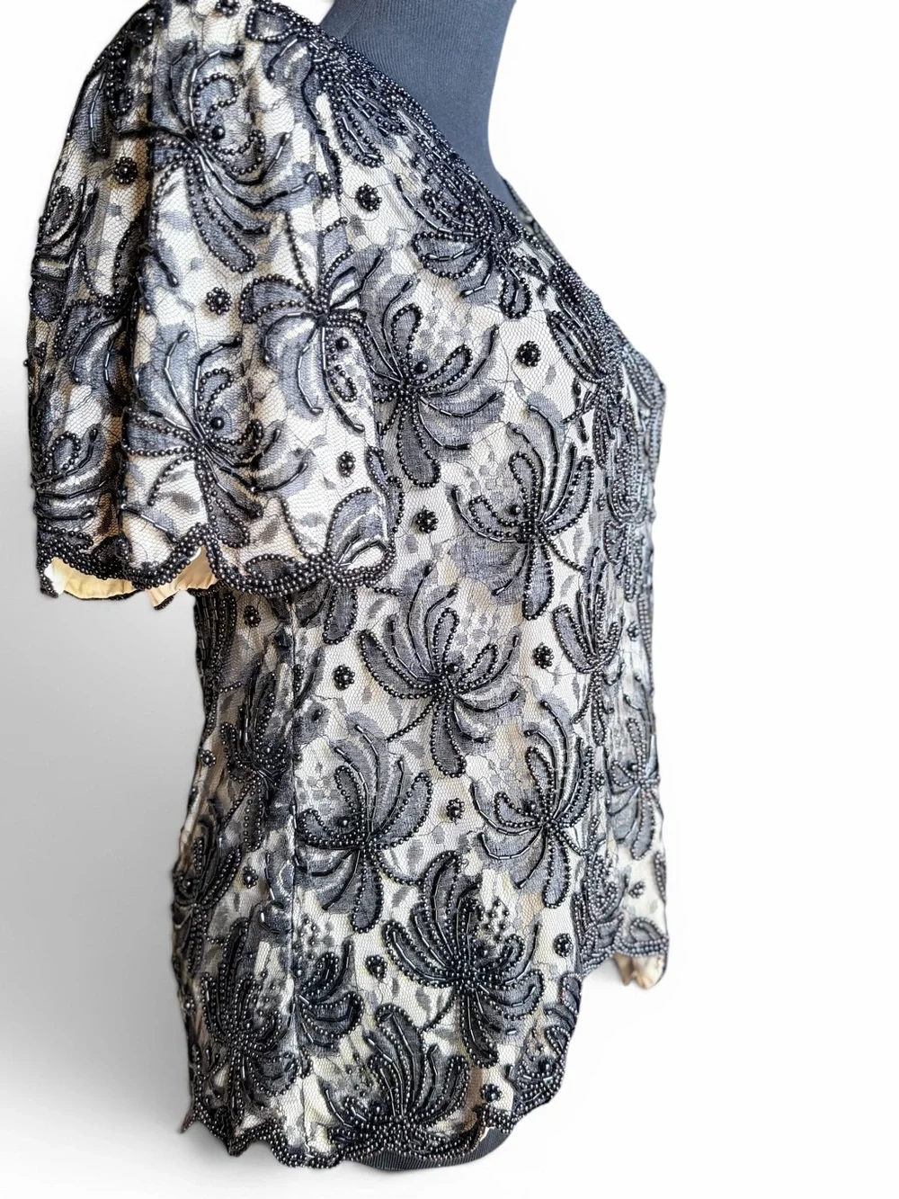 Vintage Lawrence Kazar Beaded Blouse Black Floral Mesh Scalloped Evening Top M - Picture 3 of 9